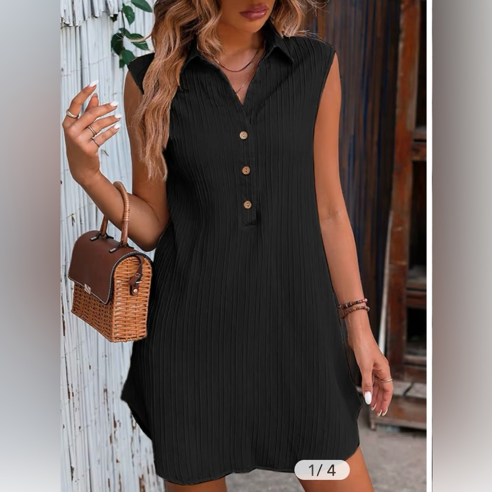 Cupshe NWT Sleeveless Black Button-Up TEXTURED MINI Dress COVERUP